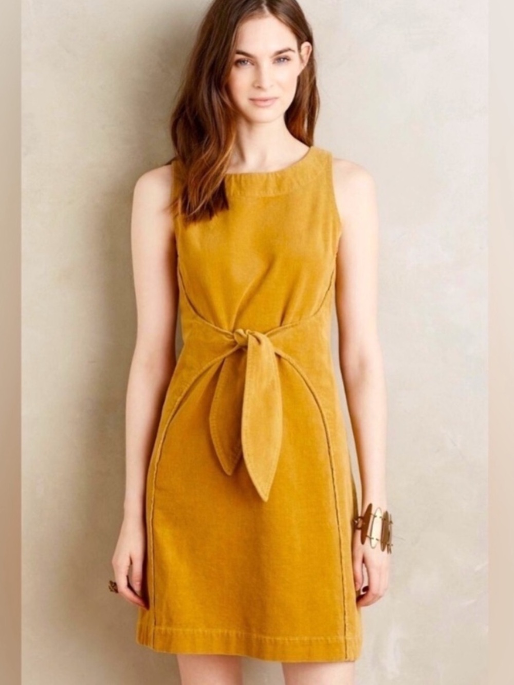 Holding Horses Anthropologie Corduroy Western Dress Stretch Sleeveless Tie Front